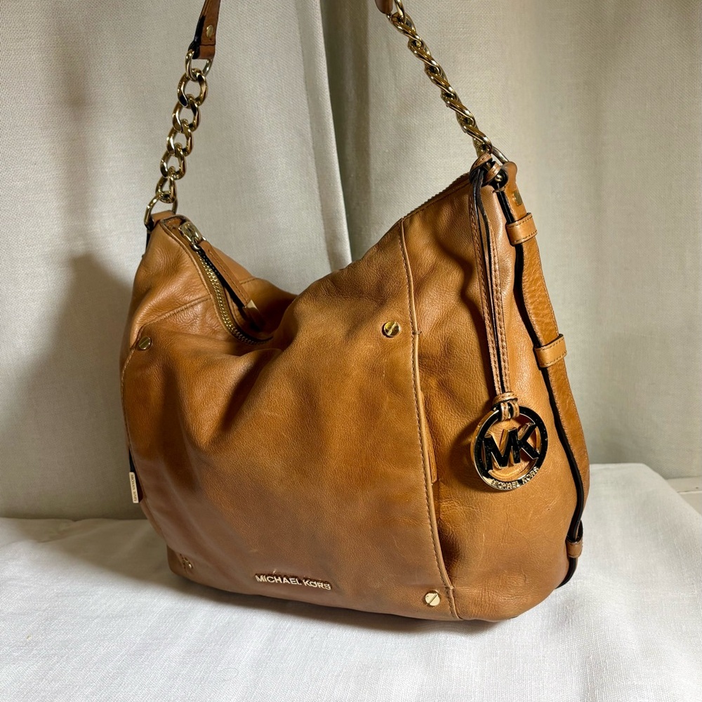 Michael Kors Bedford Large Leather Shoulder Bag Tan Luggage Brown Hobo - Picture 3 of 15